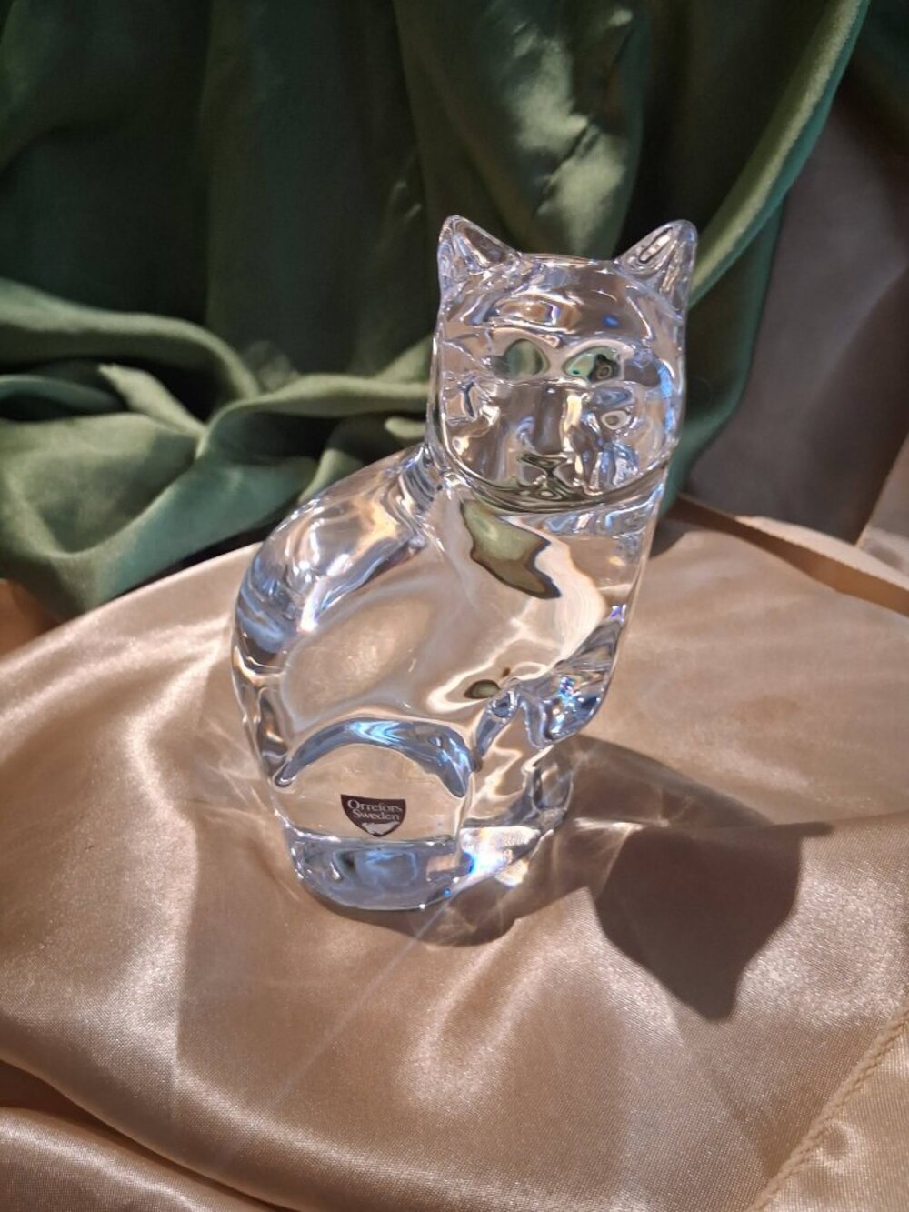 Authentic 1970s Vintage Orrefors Sweden Signed Crystal Cat Figurine / Paperweigh